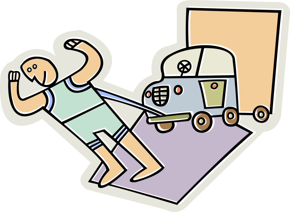 Vector Illustration of Strongman Shows Off Muscle Strength Pulls Car and Trailer