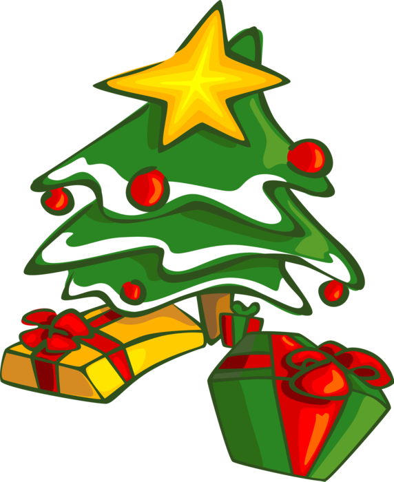 Vector Illustration of Festive Season Christmas Tree and Gift Wrapped Presents