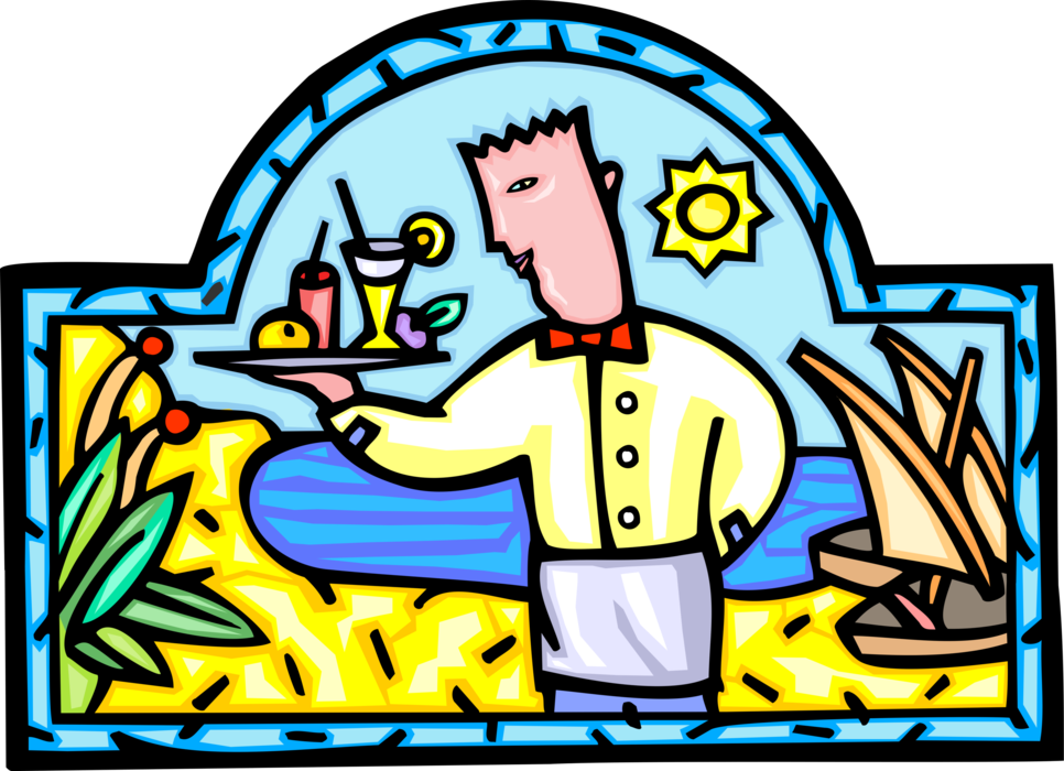 Vector Illustration of Seaside Resort Hotel Pool Bar Waiter with Cocktails Served at Poolside