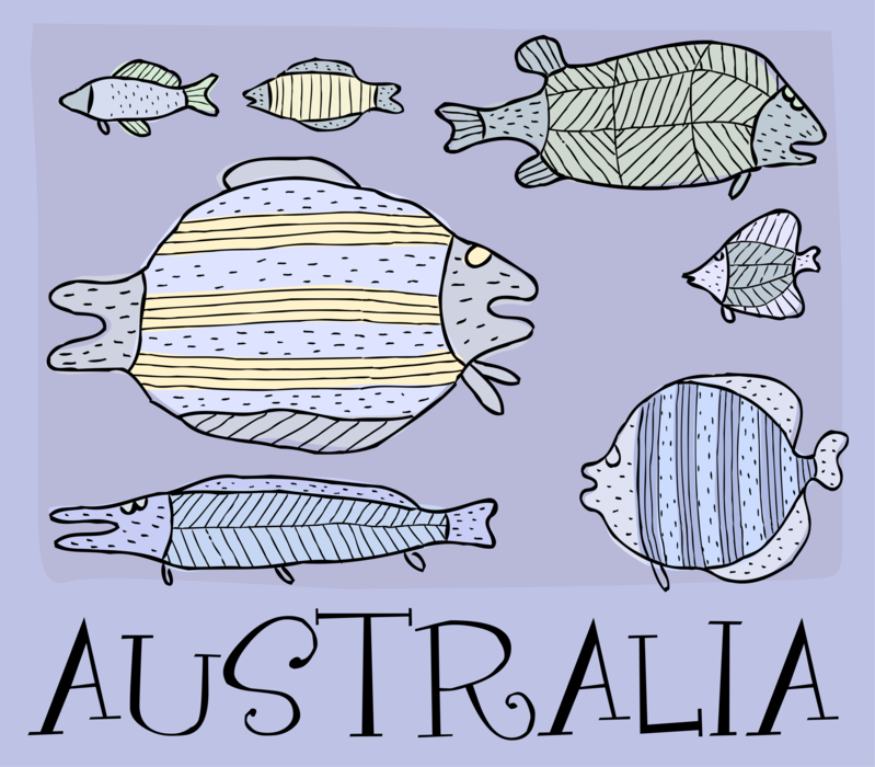 Vector Illustration of Down Under Land of Australia with Fish