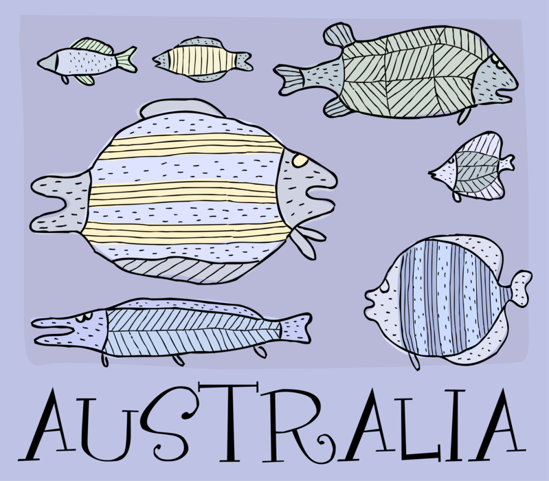 Vector Illustration of Down Under Land of Australia with Fish
