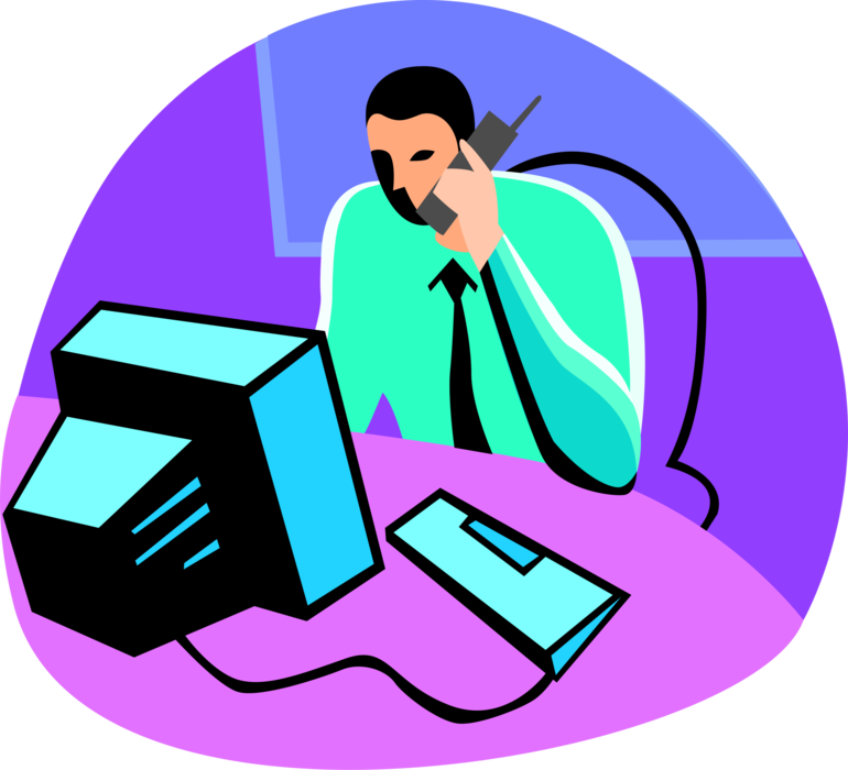 Vector Illustration of Businessman on Mobile Telephone Working at Office Computer