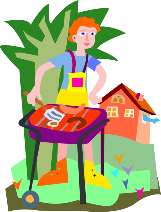 Vector Illustration of Outdoor Summer Family Barbecue Picnic with Dad Grilling Hot Dogs and Sausages