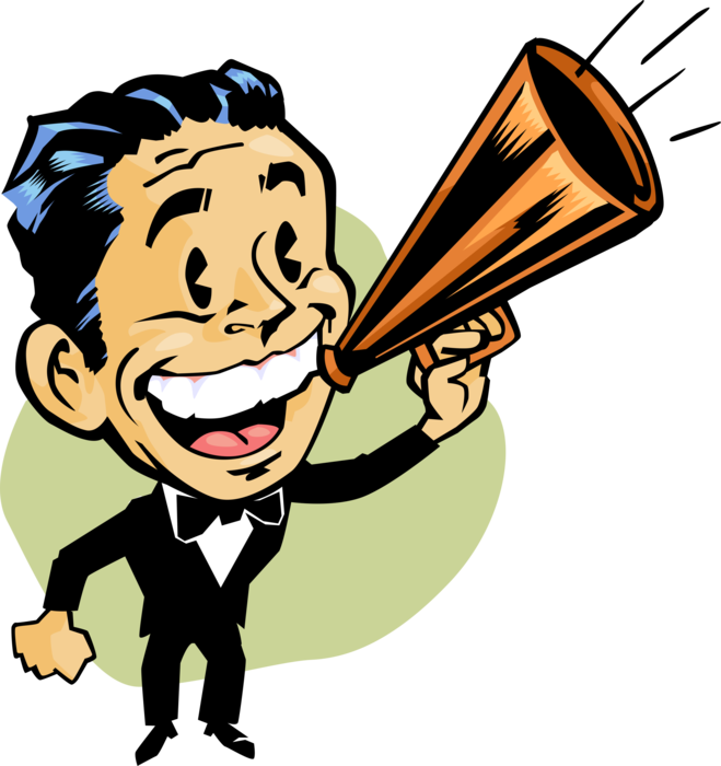Vector Illustration of Salesman Hawker with Sales Pitch Announcement Megaphone or Bullhorn to Amplify Voice