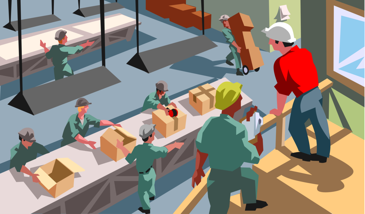 Vector Illustration of Industrial Manufacturing Plant Factory Warehouse Workers Packaging and Shipping Products