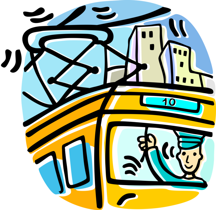 Vector Illustration of Electric Streetcar Tram Trolley Runs on Tracks Along Public Urban Streets