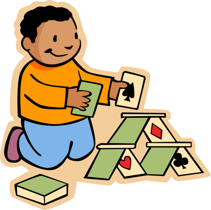 Vector Illustration of Primary or Elementary School Student Boy Builds House of Cards