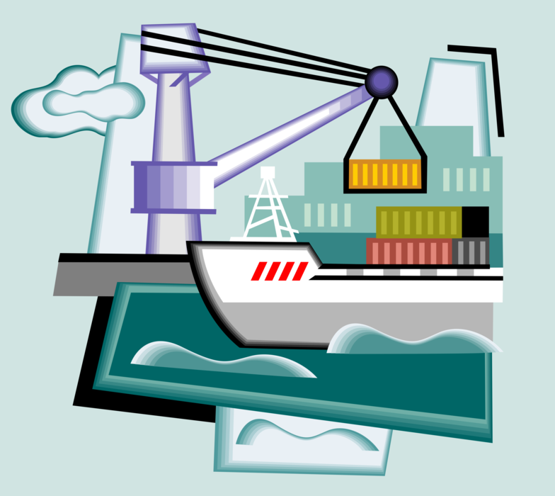 Vector Illustration of Marine Cargo Shipping Industry with Cranes and Ships at Loading Docks
