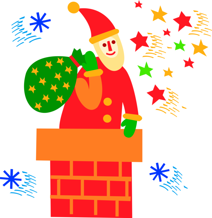 Vector Illustration of Santa Claus Slides Down the Chimney with Sack of Toys and Gifts
