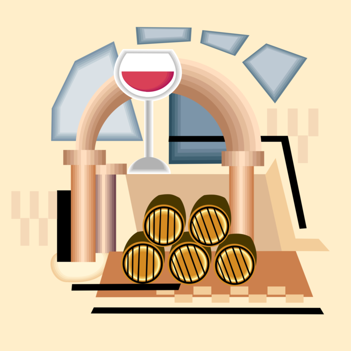 Vector Illustration of Vineyard Wine Cellar with Cask Barrels and Wine Glass