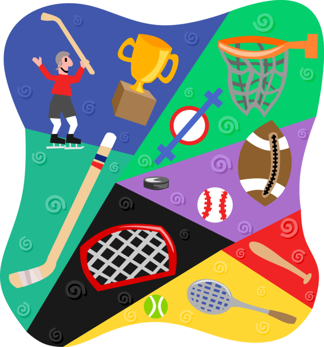 Vector Illustration of Sports Equipment with Sticks, Rackets, Bats and Balls