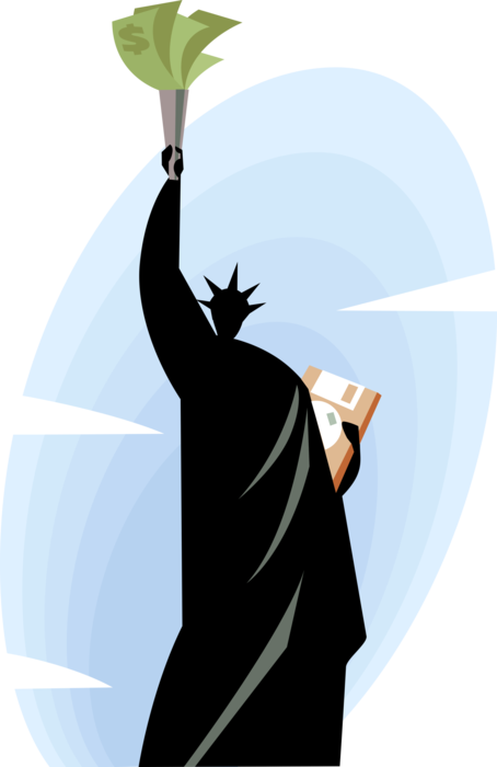 Vector Illustration of Statue of Liberty Colossal Neoclassical Sculpture with Money Cash Dollars in Fist