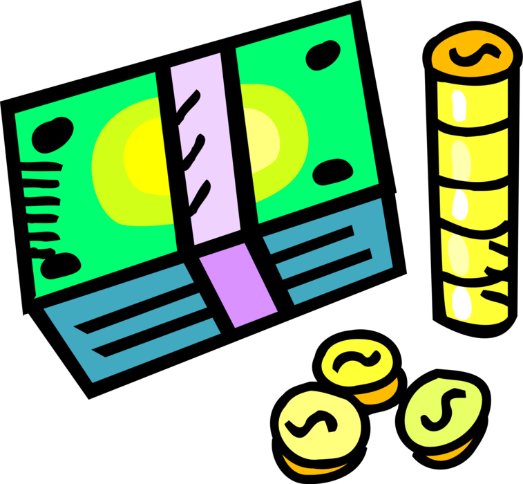 Vector Illustration of Stack of Cash Money Dollar Bills and Coin Currency