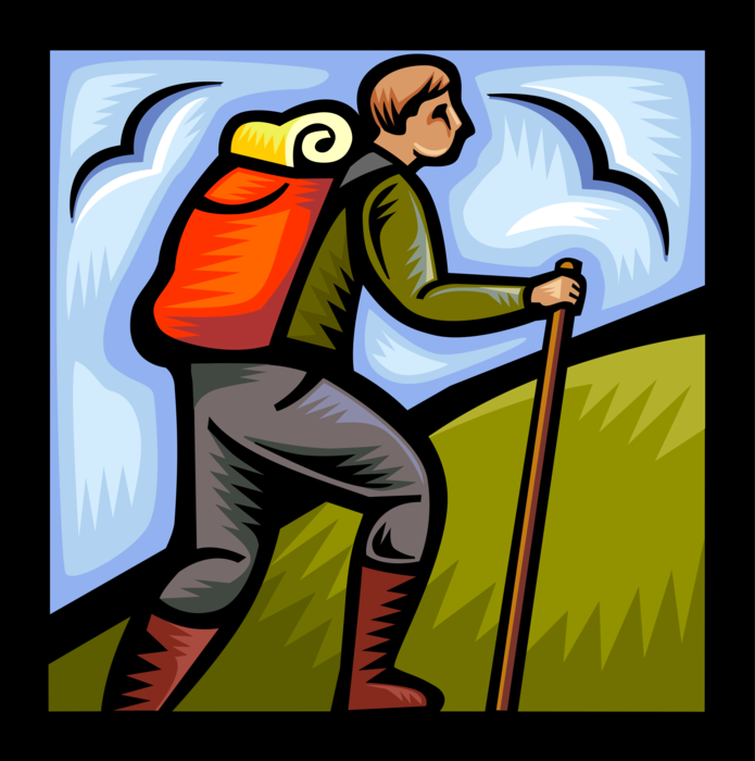 Vector Illustration of Hiker with Backpack Knapsack Hiking Outdoors Climbs Hill