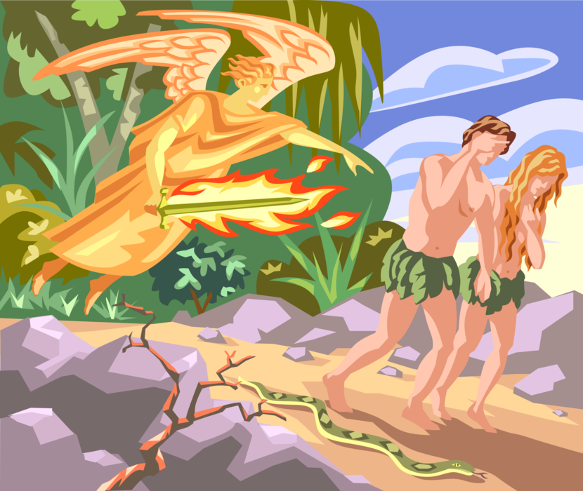 Vector Illustration of Adam and Eve Banished from Garden of Eden Biblical Story