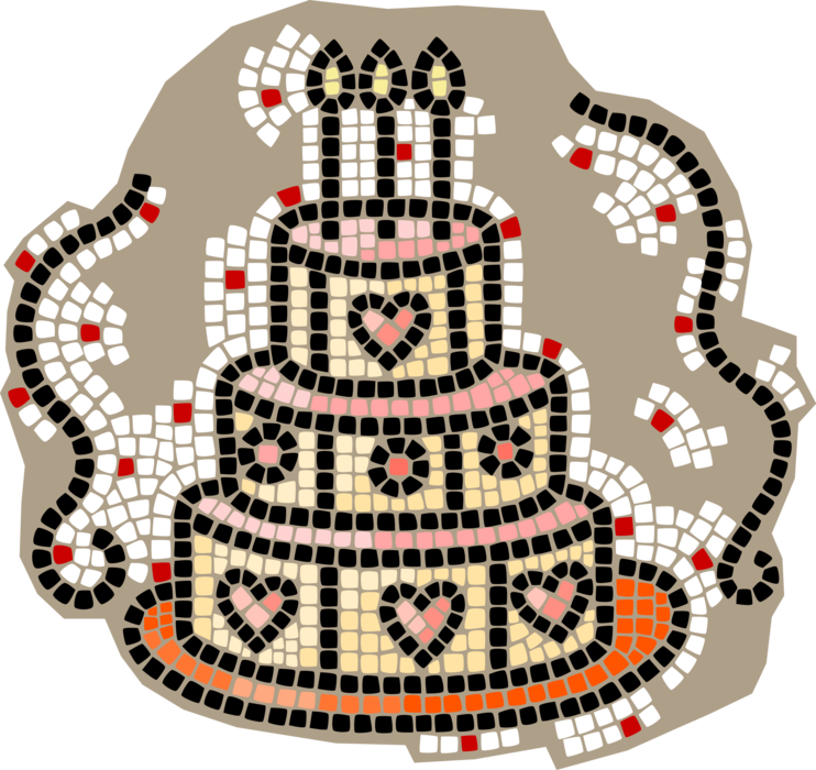 Vector Illustration of Decorative Mosaic Three-Tiered Wedding Cake Traditional Cake Served at Wedding Reception