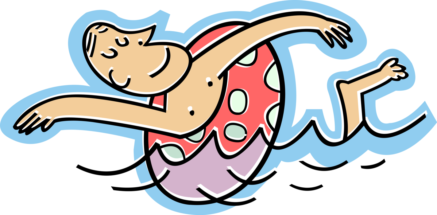 Vector Illustration of Swimming with Inflatable Pool Toy Keeps Swimmer Afloat in Ocean Waves