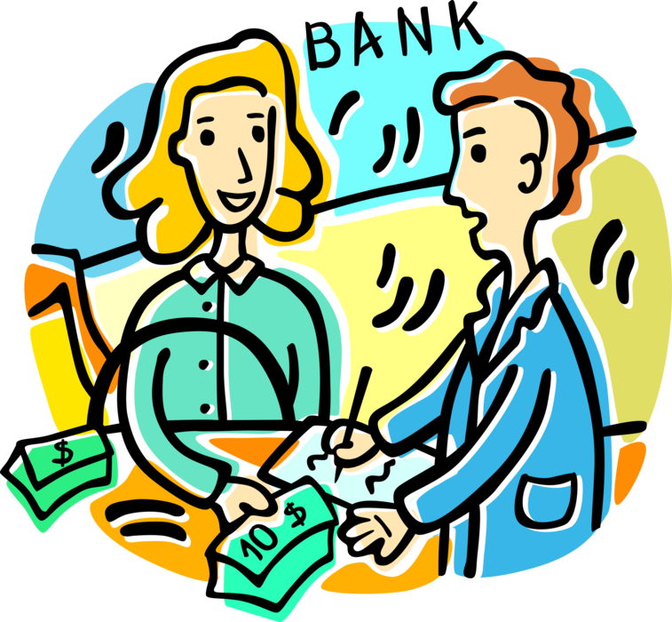 Vector Illustration of Bank Teller and Customer Withdrawing Cash Money Dollar Bills