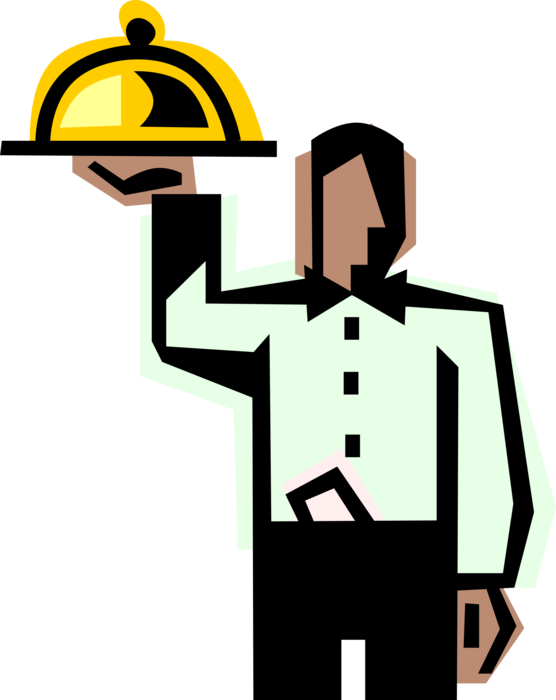 Vector Illustration of Restaurant Maître d'hôtel Waiter with Food Serving Tray