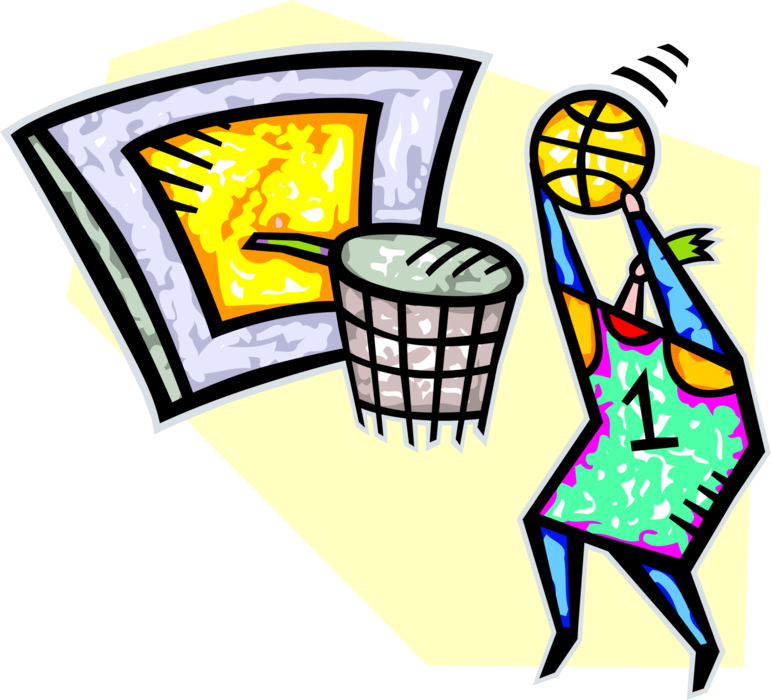 Vector Illustration of Sport of Basketball Game Player Slam Dunking Ball in Hoop Net