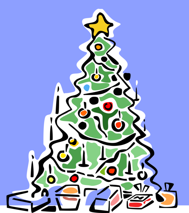 Vector Illustration of Decorated Christmas Tree with Ornaments and Present Gifts