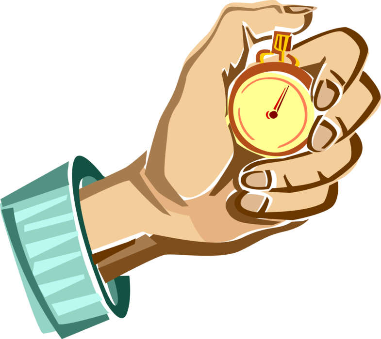 Vector Illustration of Hand Holding Stopwatch Handheld Timepiece to Measure Elapsed Time