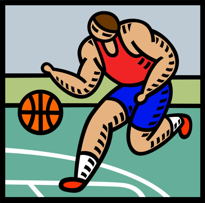 Vector Illustration of Sport of Basketball Game Player Dribbles Ball on Court