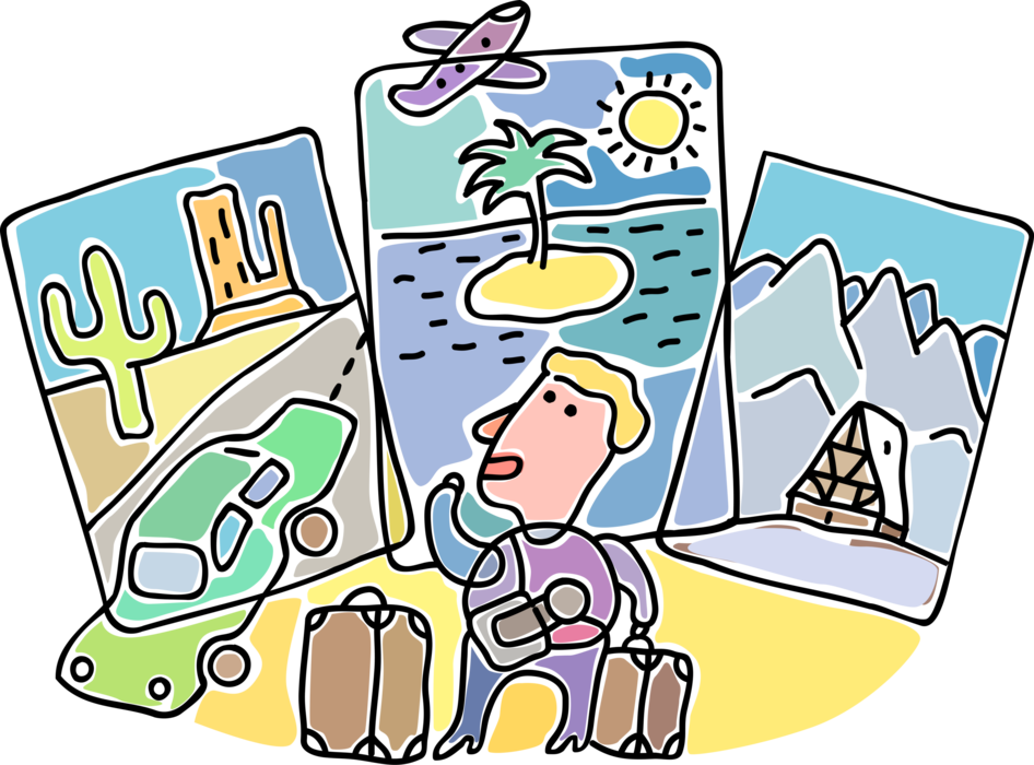 Vector Illustration of Vacation Traveler with Desert, Tropical Island and Swiss Mountains