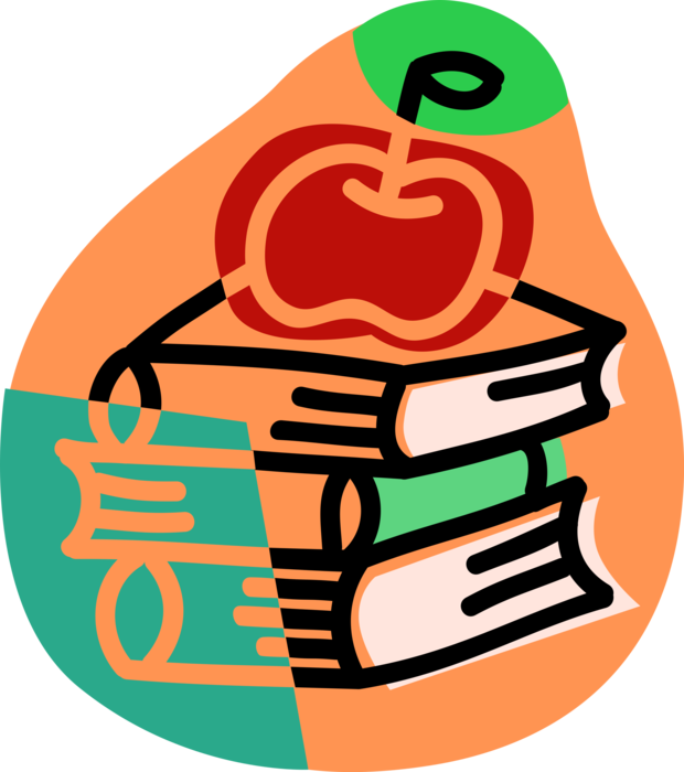 Vector Illustration of Student's Textbook Schoolbooks with Apple Symbol of Knowledge and Learning