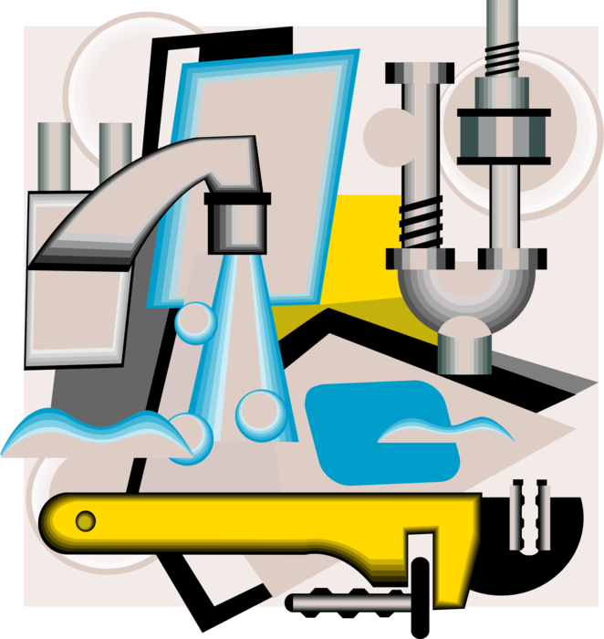 Vector Illustration of Plumbers Plumbing Tools with Drainpipe, Wrench and Water Faucet Spigot