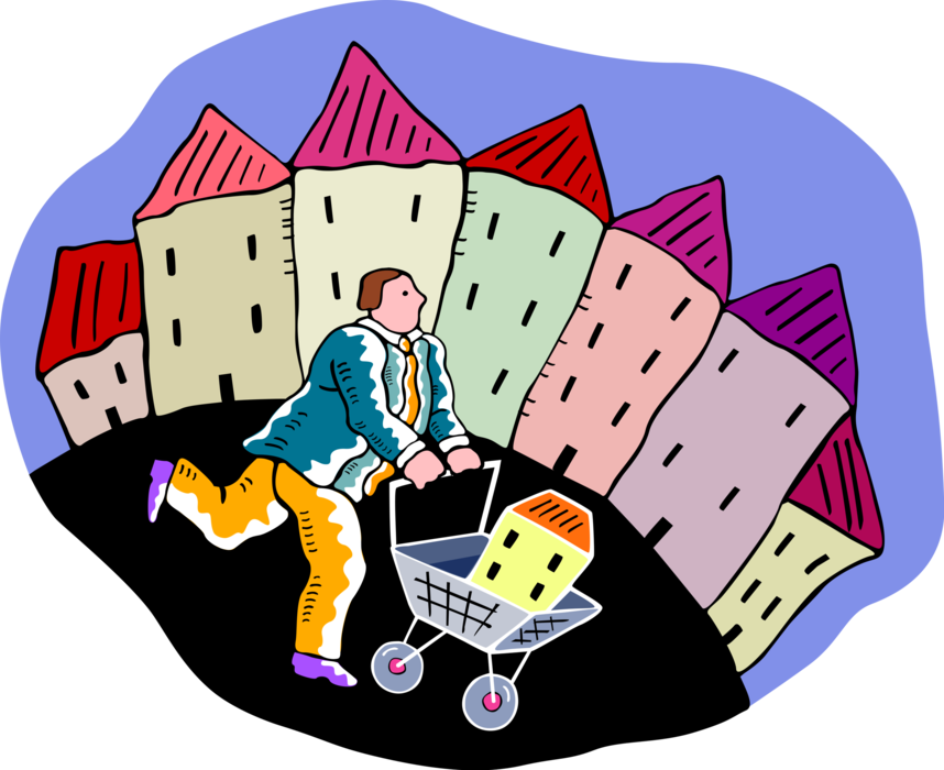 Vector Illustration of Shopping for New Home Real Estate with Grocery Cart