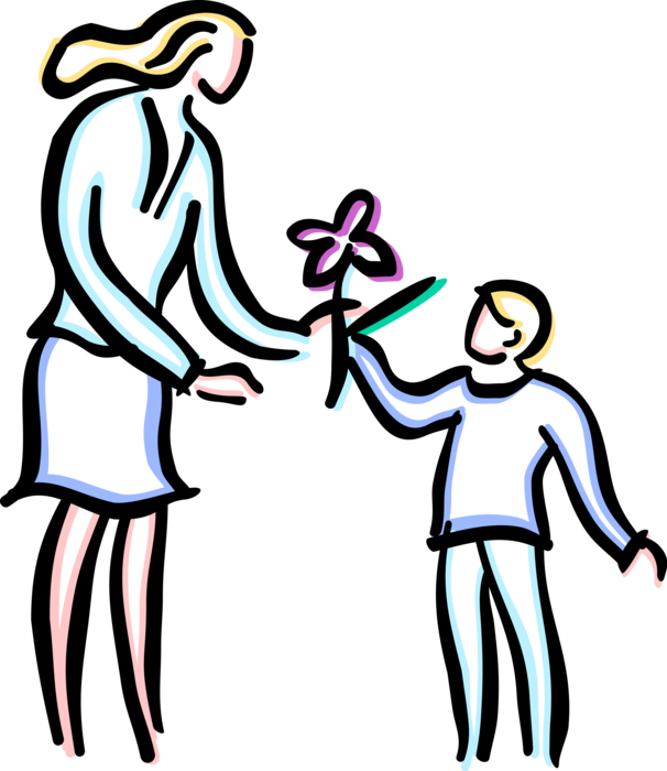 Vector Illustration of Parent Mother with Child Receives Flower