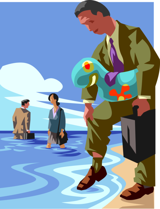 Vector Illustration of Reluctant Businessman Competitor Testing the Waters Before Jumping In
