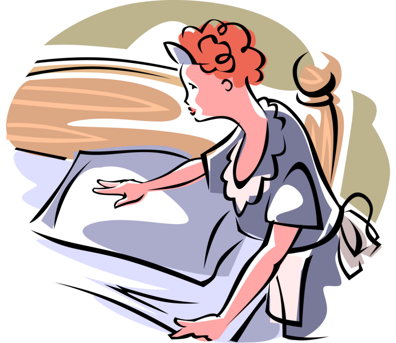 Vector Illustration of Hospitality Industry Hotel Domestic Service Housekeeping Cleaning Maid or Housemaid Makes the Bed