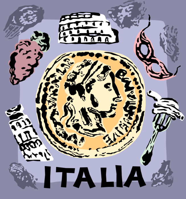 Vector Illustration of Roman Coin with Leaning Tower of Pisa, Forum, Grapes and Fine Dining in Italy