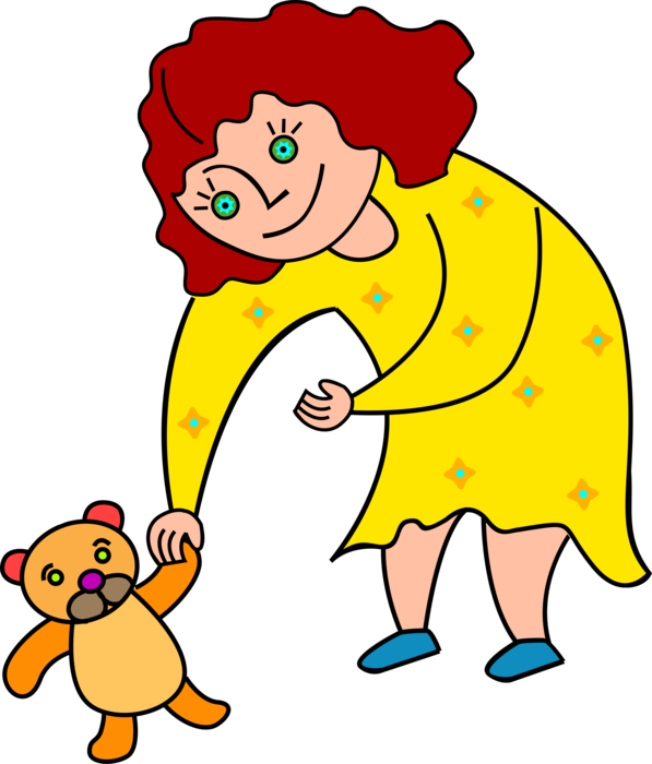 Vector Illustration of Girl with Stuffed Animal Teddy Bear Toy