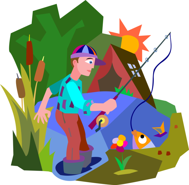 Vector Illustration of Sport Fisherman Angler Fishing in Lake While Camping