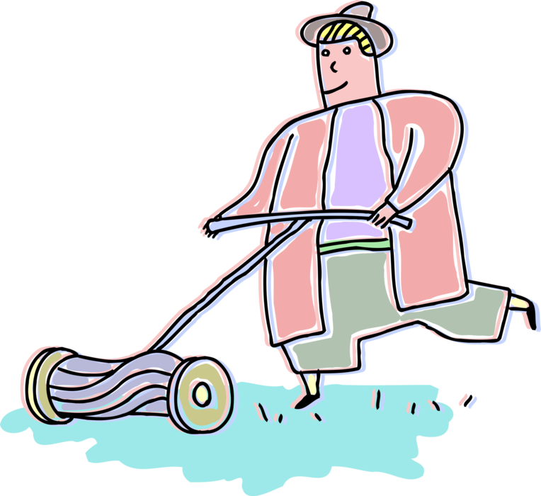 Vector Illustration of Cutting the Grass with Push Mower Yard Work Lawn Mower