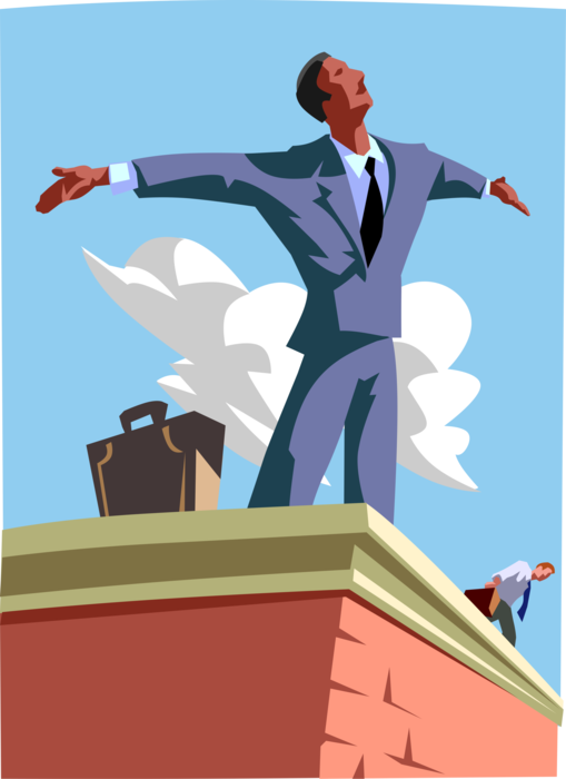Vector Illustration of Businessman King of the World Stands on Building Roof Without Fear