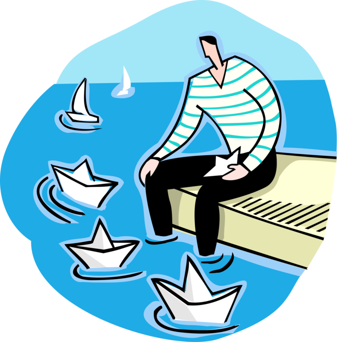 Vector Illustration of Dreams of Sailing But Settles for Playing with Paper Boats