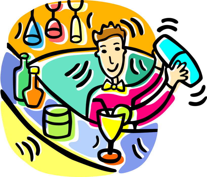 Vector Illustration of Barroom Bartender Mixes Cocktail Drinks at Bar and Serves Alcohol Beverages at Tavern 
