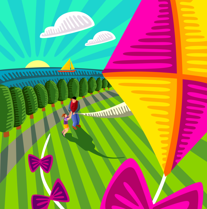 Vector Illustration of Father and Daughter Enjoy Tethered Heavier-than-Air Flying Kite