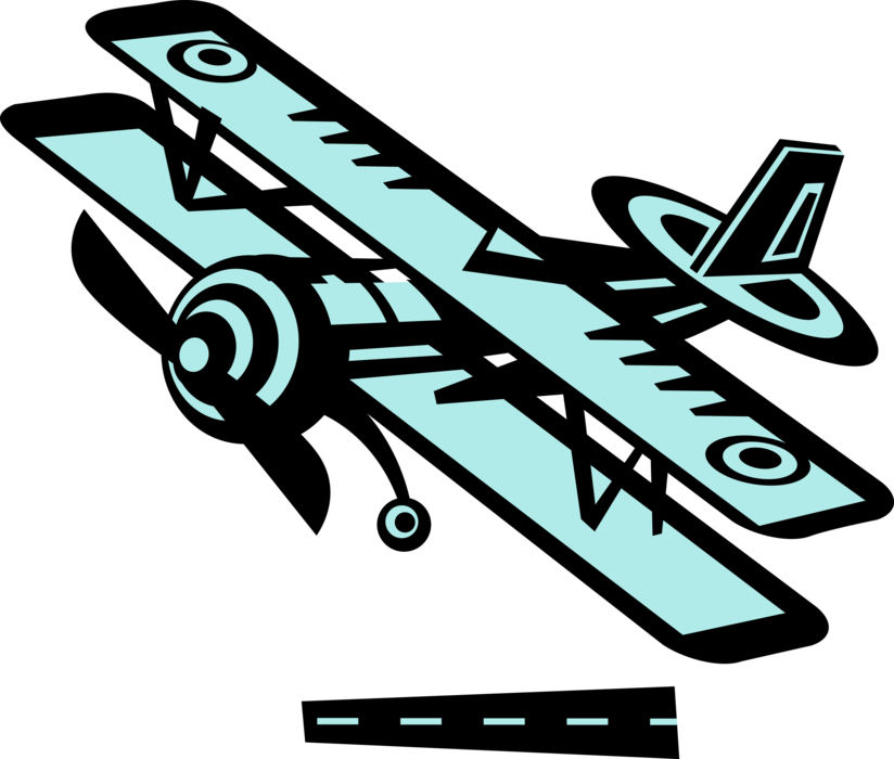 Vector Illustration of Biplane Fixed-Wing Propeller Aircraft with Two Main Wings 