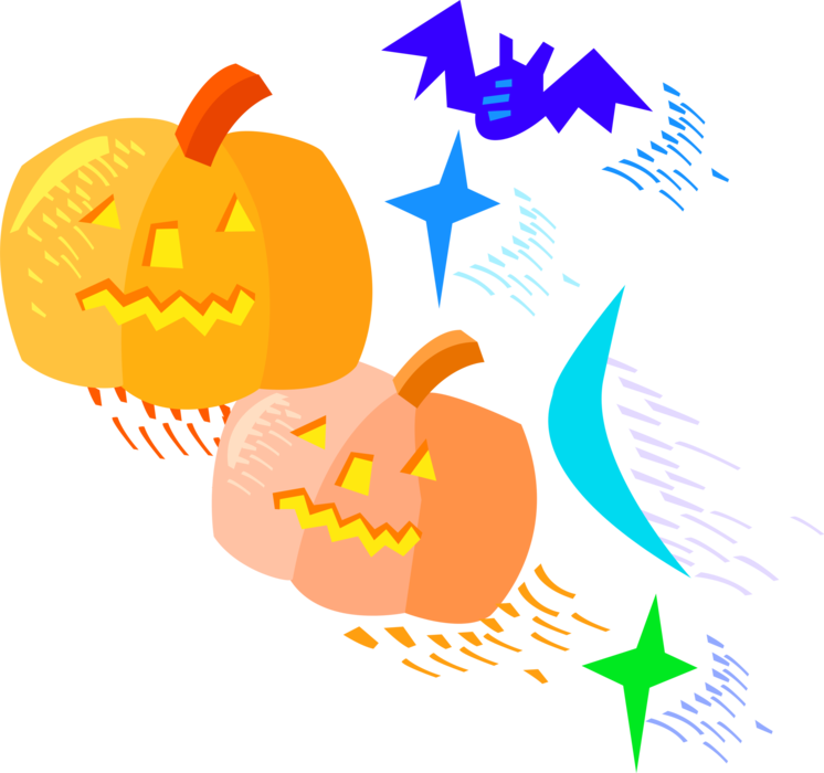 Vector Illustration of Halloween Pumpkin Carved Jack-o'-Lanterns with Vampire Bat