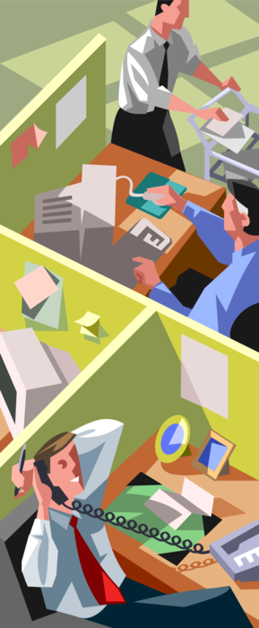 Vector Illustration of Office Workers Working at Their Desks in Cubicles