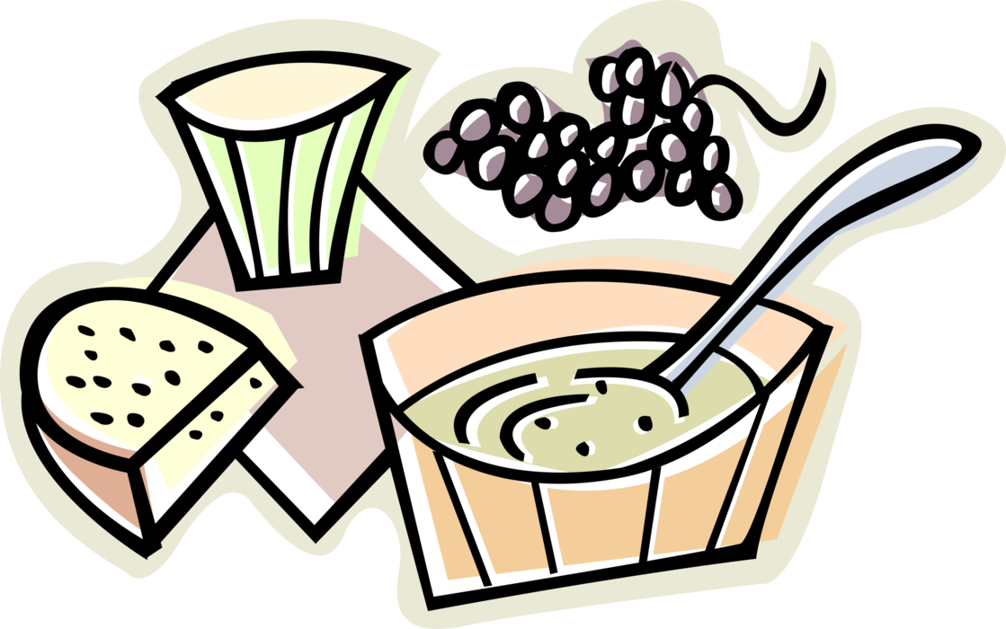 Vector Illustration of Lunch Soup with Spoon and Bread and Grapes