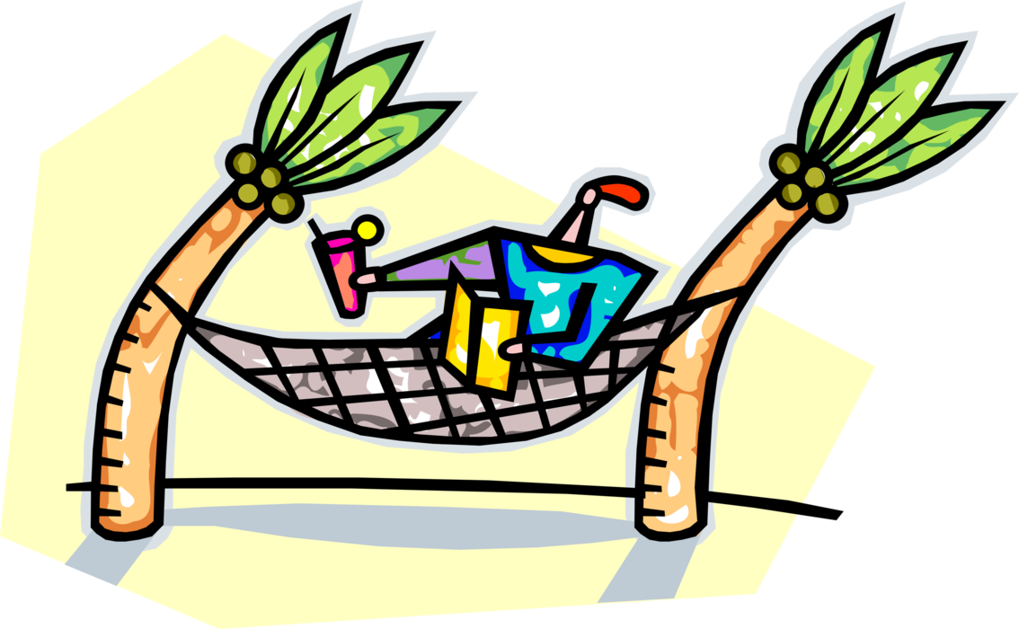 Vector Illustration of Relaxing in Hammock Hung Between Two Palm Trees with Cocktail Drink and Book