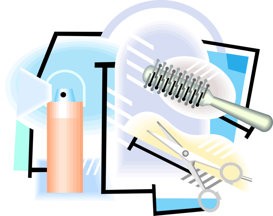 Vector Illustration of Hair Salon Stylist Tools with Hairbrush, Scissors and Hairspray