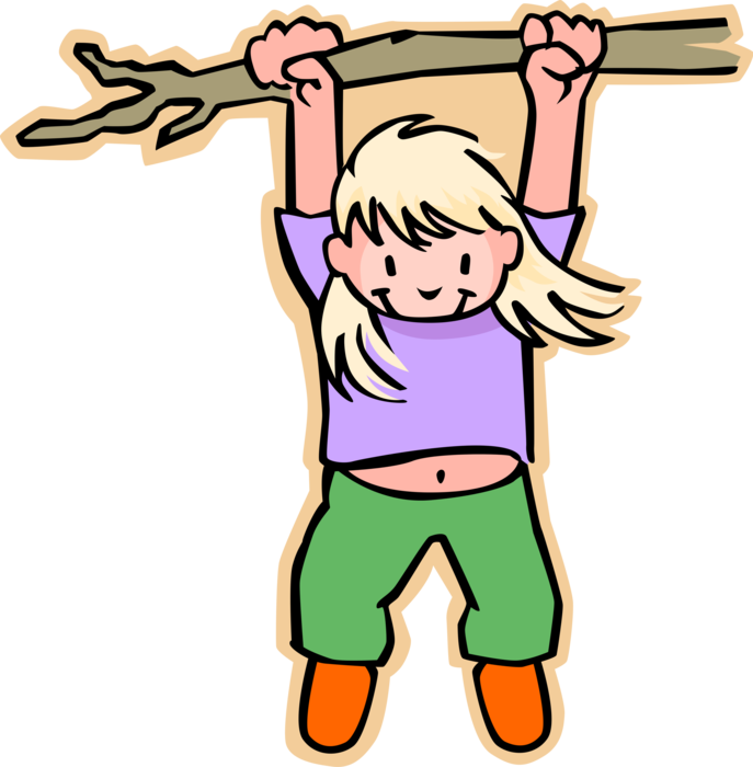 Vector Illustration of Primary or Elementary School Student Girl Hanging From Tree Branch