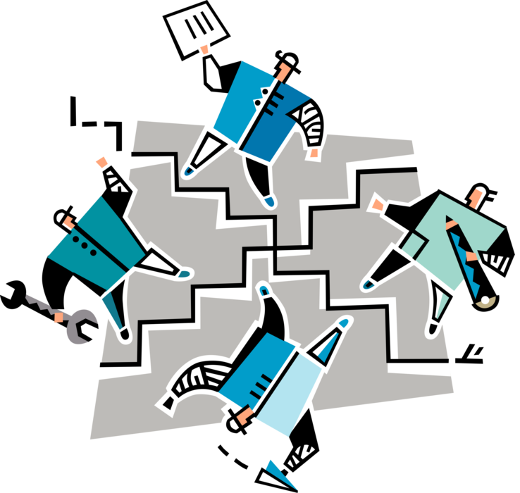 Vector Illustration of Teamwork Follows Different Paths to Achieve Common Goal